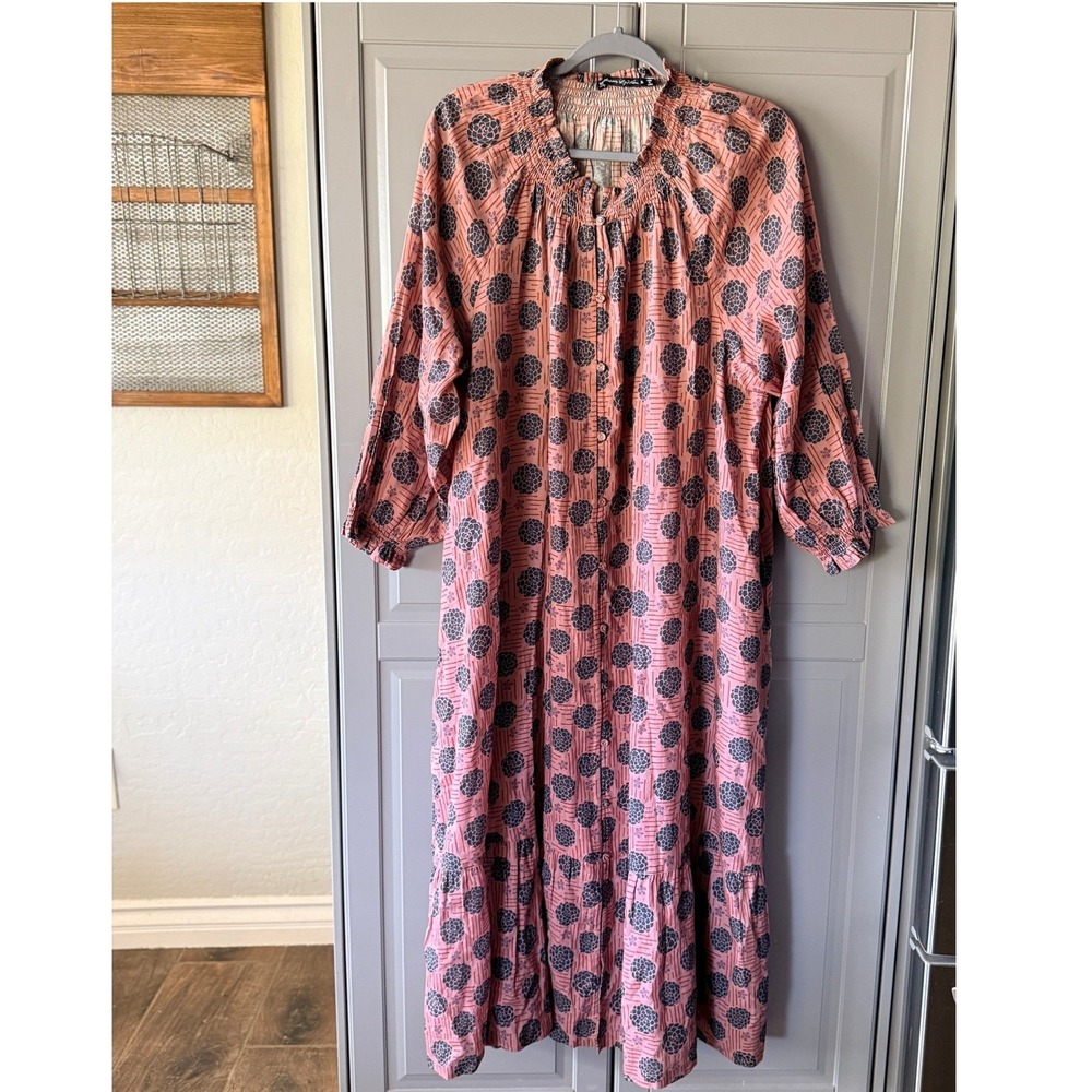 Gudrun Sjoden Gjusta Floral Smocked Lagenlook Midi Dress Duster,Pink Blue, XL